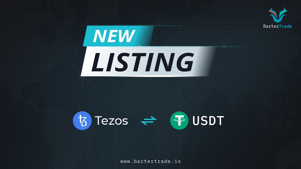 BarterTrade will list @tezos token under the trading pair of XTZ/USDT on November 13, 2021. Deposits: Already Open Trading starts: November 14, 2021 at 17:00 UTC Get ready to trade $XTZ with $0-fee for one week.