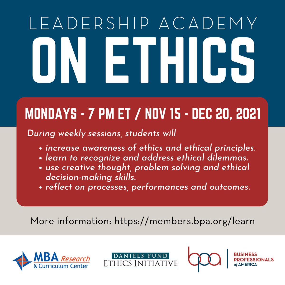 BPAconnect's tweet photo. Our upcoming Leadership Academy on Ethics provides an opportunity for Middle Level and Secondary student members to learn about ethics and ethical decision-making. Weekly sessions begin November 15. Learn more: https://t.co/yRB1Er7ZBj https://t.co/GCpg6sHCaD