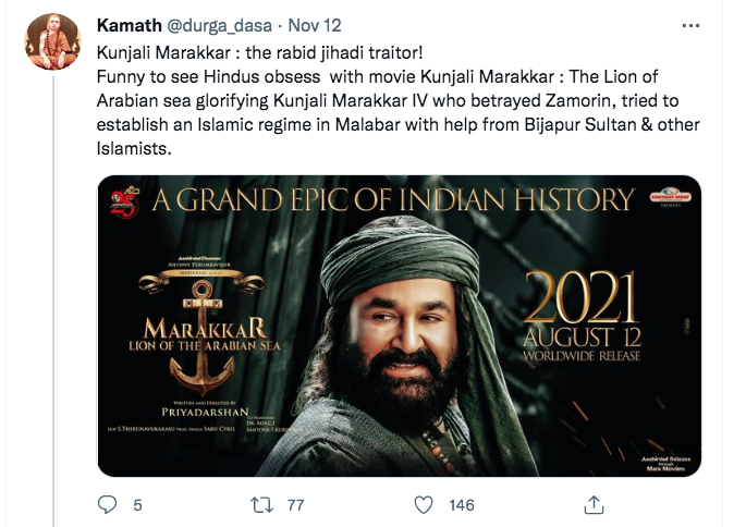 MeenaDasNarayan's tweet photo. Shame indeed @Mohanlal make movies and profit from Hindus and then make movies that distort facts to praise #Muslims who betrayed India https://t.co/KyLIhwrWMO