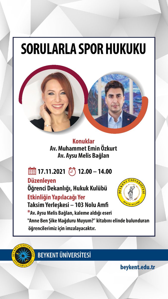 beykenthukuk_'s tweet photo. Veeee Beykent Hukuk Kulübü olarak, pandemi sonrası ilk yüz yüze etkinliğimiz ile karşınızdayız. 🎉 Spor Hukuku yazarı Av. Aysu Melis Bağlan ve CAS Hakemi Av. Muhammet Emin Özkurt 
17 Kasım Çarşamba günü saat 12.00'de Taksim Yerleşkemizdeki 103 nolu amfide bizlerle olacak 💯🎊 https://t.co/VxNHZKwsLt