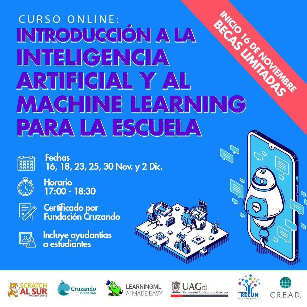 Scratchalsur's tweet photo. ¡Dirigido a docentes de toda #AméricaLatina! ¡IA en el aula!🌎Este martes 16 de noviembre iniciamos el “Curso Introducción a la Inteligencia Artificial (#IA) y al Machine Learning para la escuela”dictado por el experto, Juan David Rodríguez.
Inscripciones👉https://t.co/qWikoWF0C4 https://t.co/aiir2TADc3