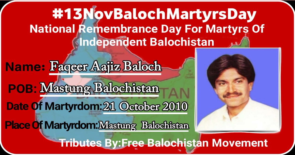 martyrsbaloch2's tweet photo. #13NovBalochMartyrsDay
Name: Martyr Faqeer Aajiz Baloch
Place of birth:  Mastung Balochistan
Place of Martyrdom:Mastung  Balochistan
Date of Martyrdom:21 October 2010
#TributesBy
#FreeBalochistanMovement
#FBM

https://t.co/UBvqEyJMEg https://t.co/H8kkR5uVS6