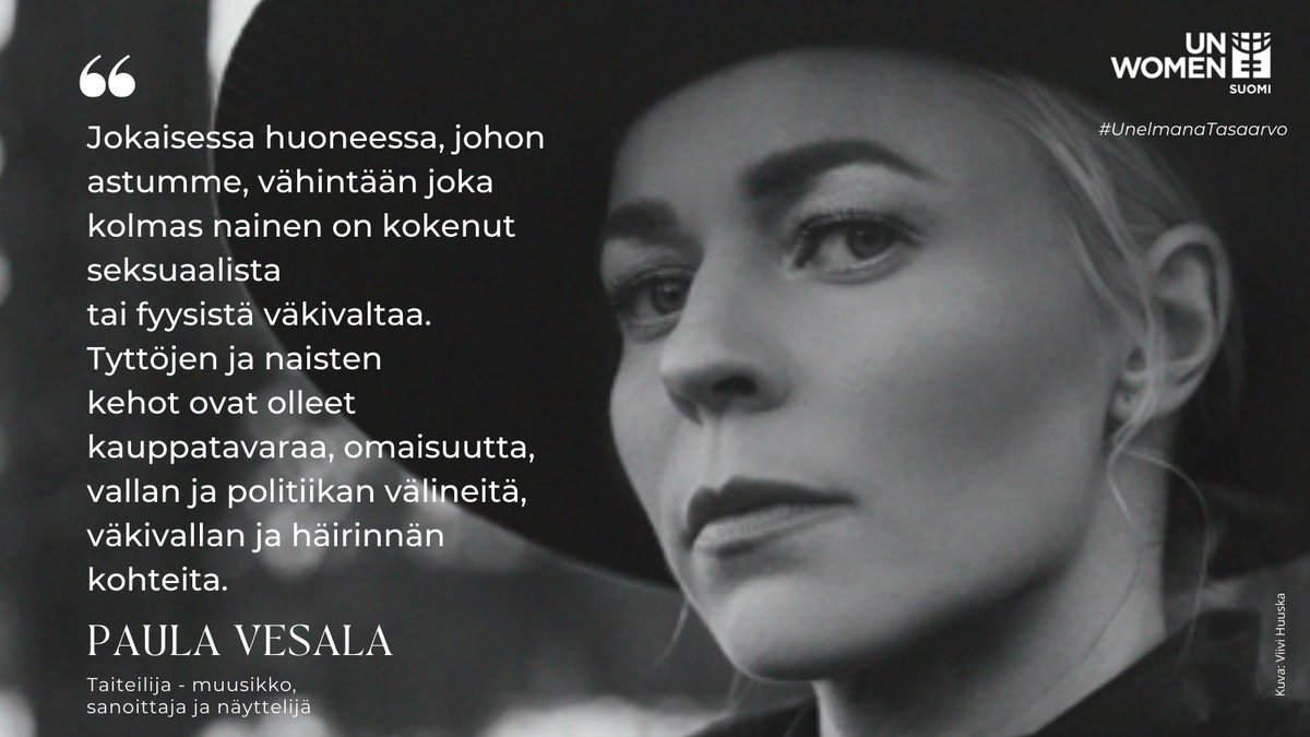Taiteilija Paula Vesala piti juhlapuheen UN Women Suomen 40-vuotisjuhlassa. Vesala nosti puheessaan niitä haasteita, joita tytöt ja naiset tänäkin päivänä kohtaavat - mutta samalla viesti oli toiveikas: tasa-arvon ei tarvitse olla vain unelmaa.

#unelmanatasaarvo #unwomensuomi40
