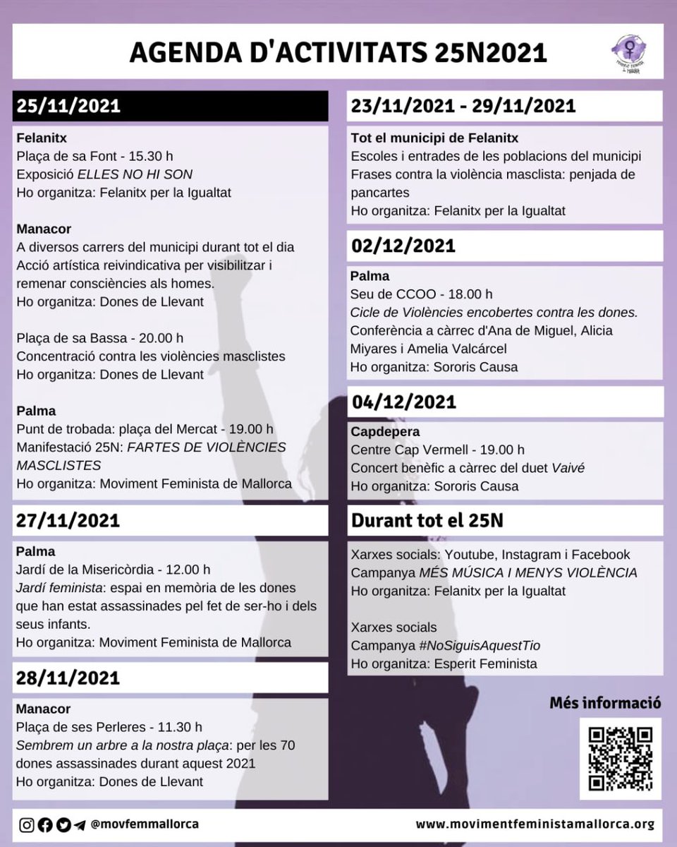 movfemmallorca's tweet photo. 70 dones assassinades a hores d'ara al 2021. 
Aquest 25N tornarem als carrers arreu de Mallorca. Aquí teniu l'agenda d'activitats d'enguany. Compartiu i uniu-vos.
Només el feminisme farà trontollar el patriarcat. Ara més que mai!! 
#CapAl25N #Fartes
+Info: https://t.co/ozW1sWmtE7 https://t.co/zhXS5aamX8