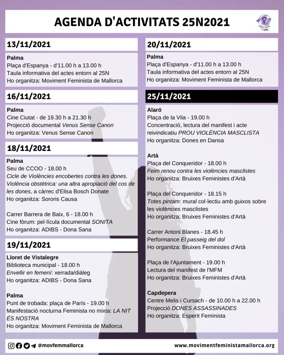 movfemmallorca's tweet photo. 70 dones assassinades a hores d'ara al 2021. 
Aquest 25N tornarem als carrers arreu de Mallorca. Aquí teniu l'agenda d'activitats d'enguany. Compartiu i uniu-vos.
Només el feminisme farà trontollar el patriarcat. Ara més que mai!! 
#CapAl25N #Fartes
+Info: https://t.co/ozW1sWmtE7 https://t.co/zhXS5aamX8