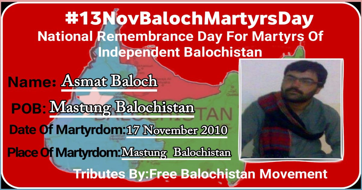 martyrsbaloch2's tweet photo. #13NovBalochMartyrsDay 
Name: Martyr Asmat Baloch
Place of birth: Mastung,kirdgap Balochistan

Place of Martyrdom:Mastung  Balochistan

Date of Martyrdom:17 November 2010
#Tributesby 
#FreeBalochistanMovement
#FBM

https://t.co/GwZcGHsz7Y https://t.co/p7Hpa5san6