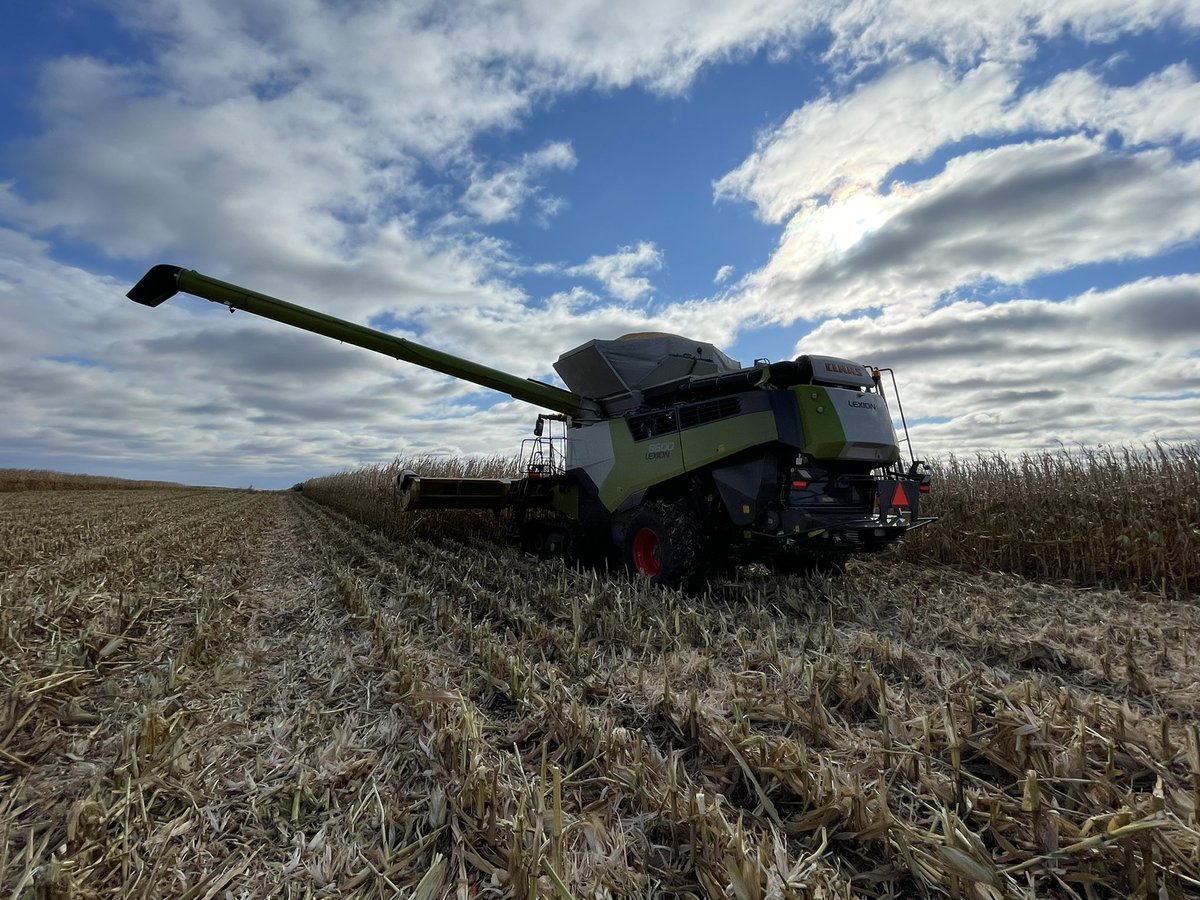 HuskerFarm's tweet photo. This thing is a “Corn Eatin MotherTrucker”.  Thought our @CLAAS_America 750 was a machine but this thing puts it to shame. @NebraskaHarvest @LjMagnusson love the upgrades in technology, engine, and CEMOS auto https://t.co/7pVHvTAJKM