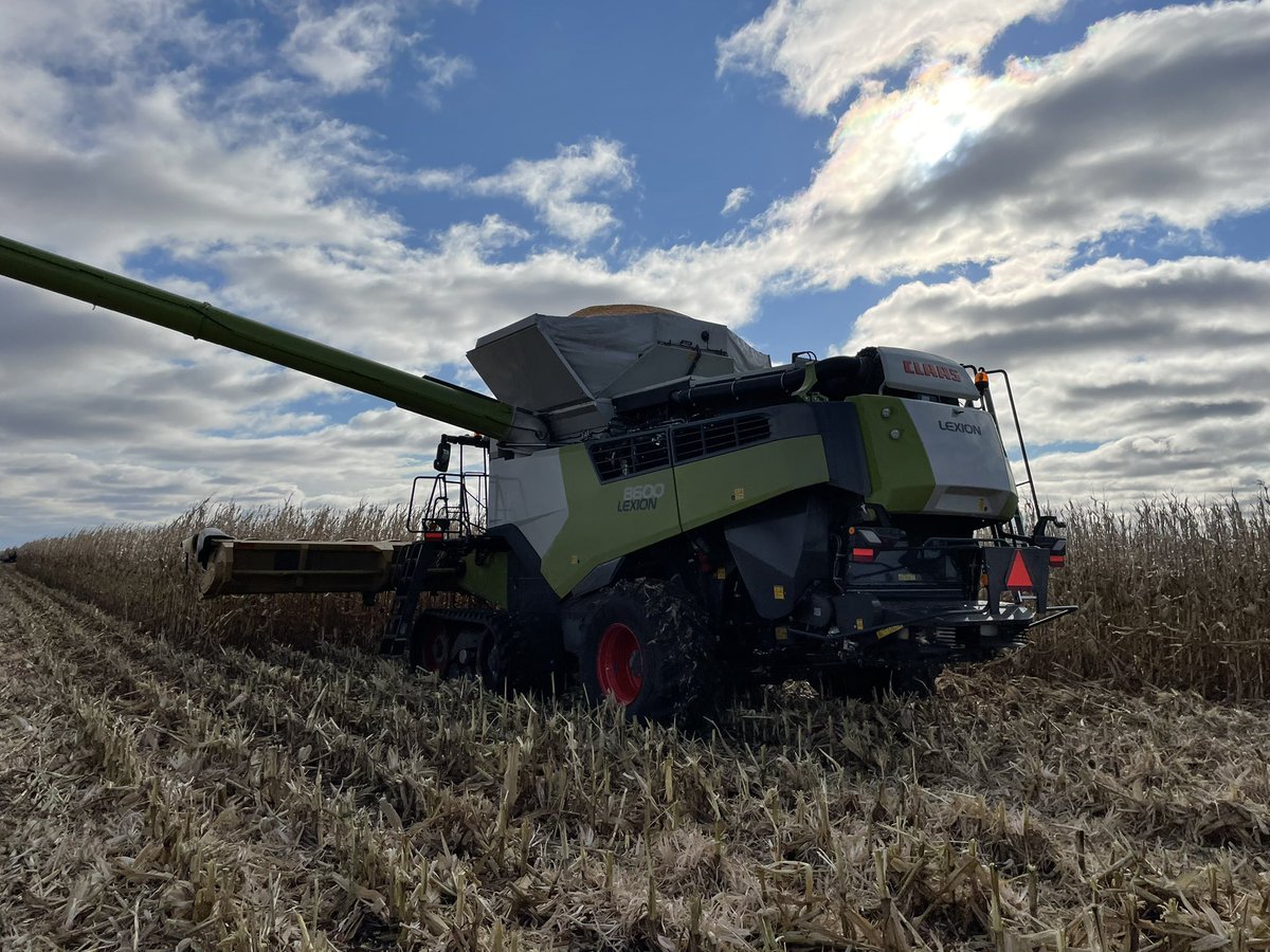 HuskerFarm's tweet photo. This thing is a “Corn Eatin MotherTrucker”.  Thought our @CLAAS_America 750 was a machine but this thing puts it to shame. @NebraskaHarvest @LjMagnusson love the upgrades in technology, engine, and CEMOS auto https://t.co/7pVHvTAJKM