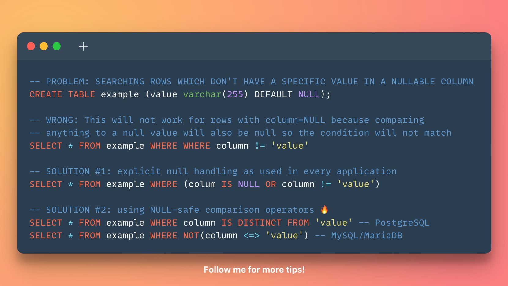 Use explicit null handling in your DB queries when filtering for rows with empty value in a nullable column