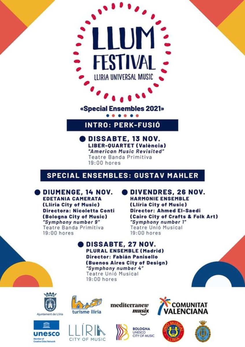 [🔴 3,2,1…. iniciem el LLUM FEST 21🎶🎭]

🔺Este dissabte i diumenge 13-14 novembre. Tens una cita en La Primitiva de #Llíria. No t’ho pots perdre‼️

🌍 Ciutats Creatives UNESCO. Música d’alt nivell.

🎹 Este cap de sermana 9a Simfonia de Mahler a càrrec d’Edetania Camerata.