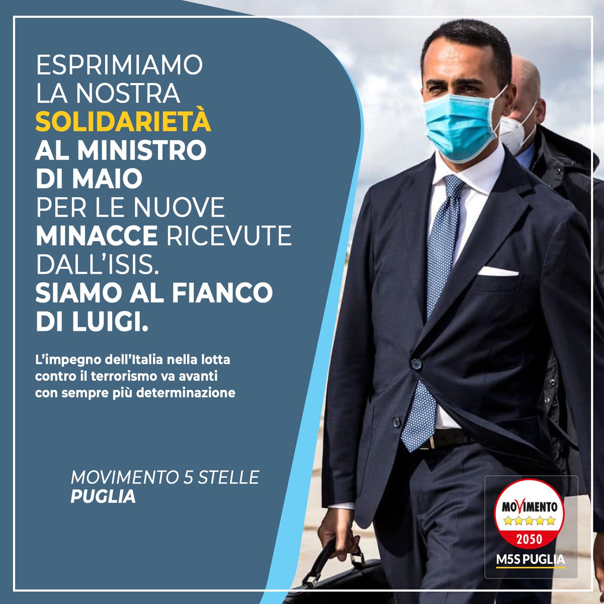 Esprimiamo la nostra solidarietà al ministro <a href="/luigidimaio/">Luigi Di Maio</a>  per le nuove minacce ricevute dall’Isis.
Siamo al fianco di Luigi, che siamo sicuri non si farà intimidire.
L’impegno dell’Italia nella lotta contro il terrorismo va avanti con sempre più determinazione.