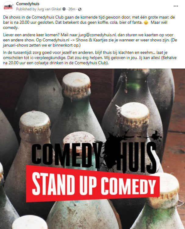Na eerder uitbaters te zijn geweest van een comedy club waar je wél mocht drinken maar níet naar het toilet mocht (juni 2020) hebben we nu het vervolg: een comedy club mét toilet maar... zónder bar!