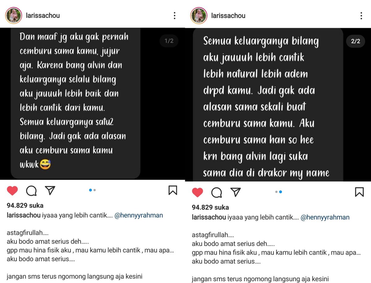 AREAJULID's tweet photo. Dis! Hebat banget ya jadi mbak larissa, udah jadi mantan istri tapi masih aja diganggu sama istri baru mantan suaminya.... https://t.co/esV2bOgIb8