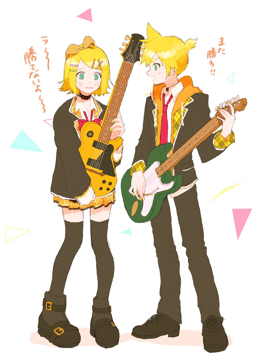 kagamine len ,kagamine rin 1girl 1boy instrument blonde hair necktie skirt thighhighs  illustration images