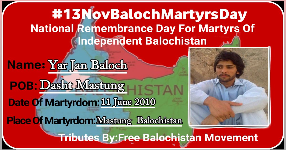 martyrsbaloch2's tweet photo. https://t.co/p1XgGWoNXk 
#13NovBalochMartyrsDay 
Name: Martyr Yar Jan Baloch

Place of birth: Dasht Mastung Balochistan

Place of Martyrdom: Mastung  Balochistan

Date of Martyrdom: 11 June 2010

#Tributesby 
#FreeBalochistanMovement
#FBM https://t.co/MhzpLWbbbU