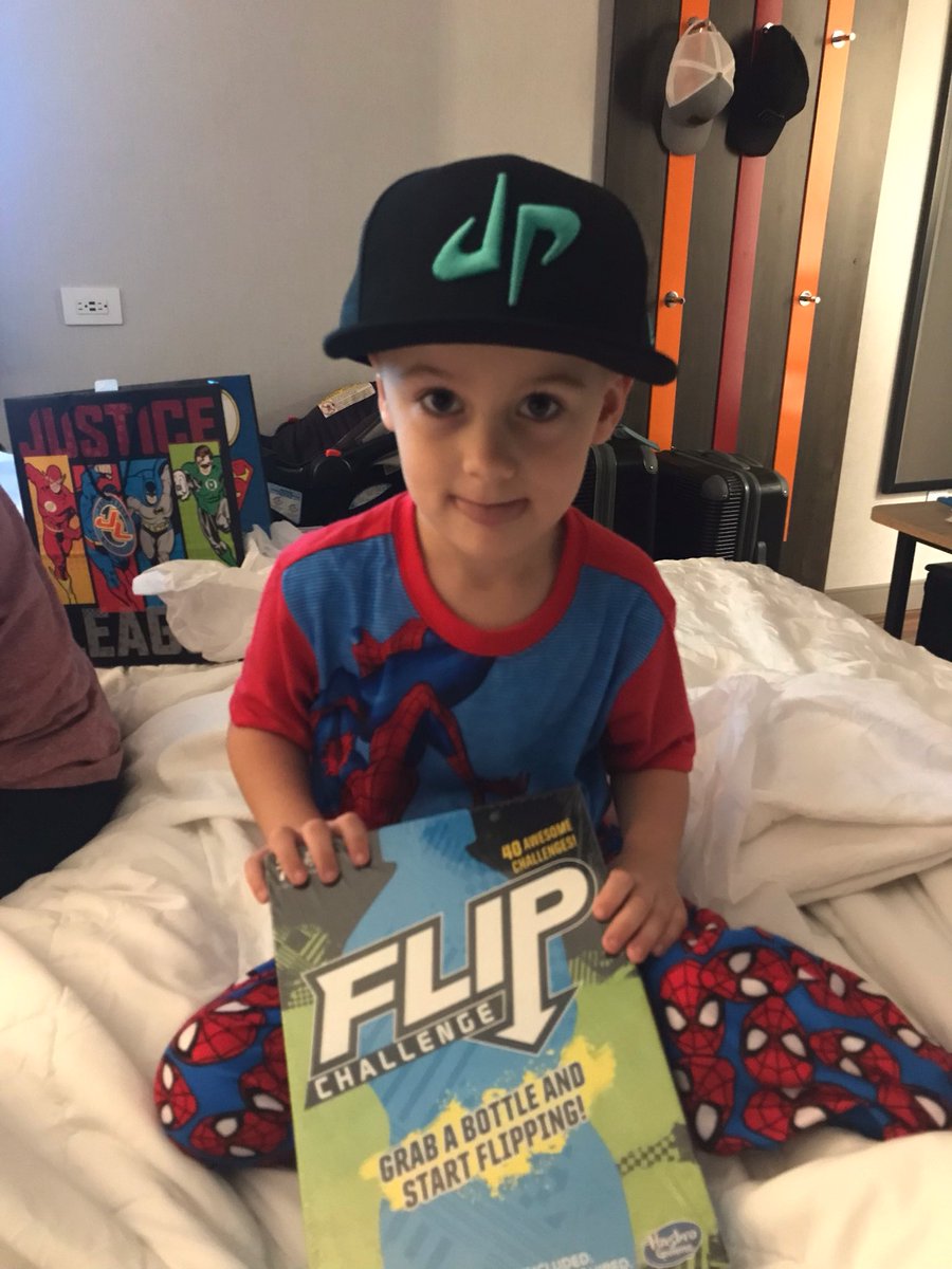 BartShartzer's tweet photo. Look who is turning 5. Brooks is so excited to get his @DudePerfect hat and Bottlr Flip Challenge game. Now we are going to have water bottles all over the house thinking he is Ty. https://t.co/IPpSlmxOjv