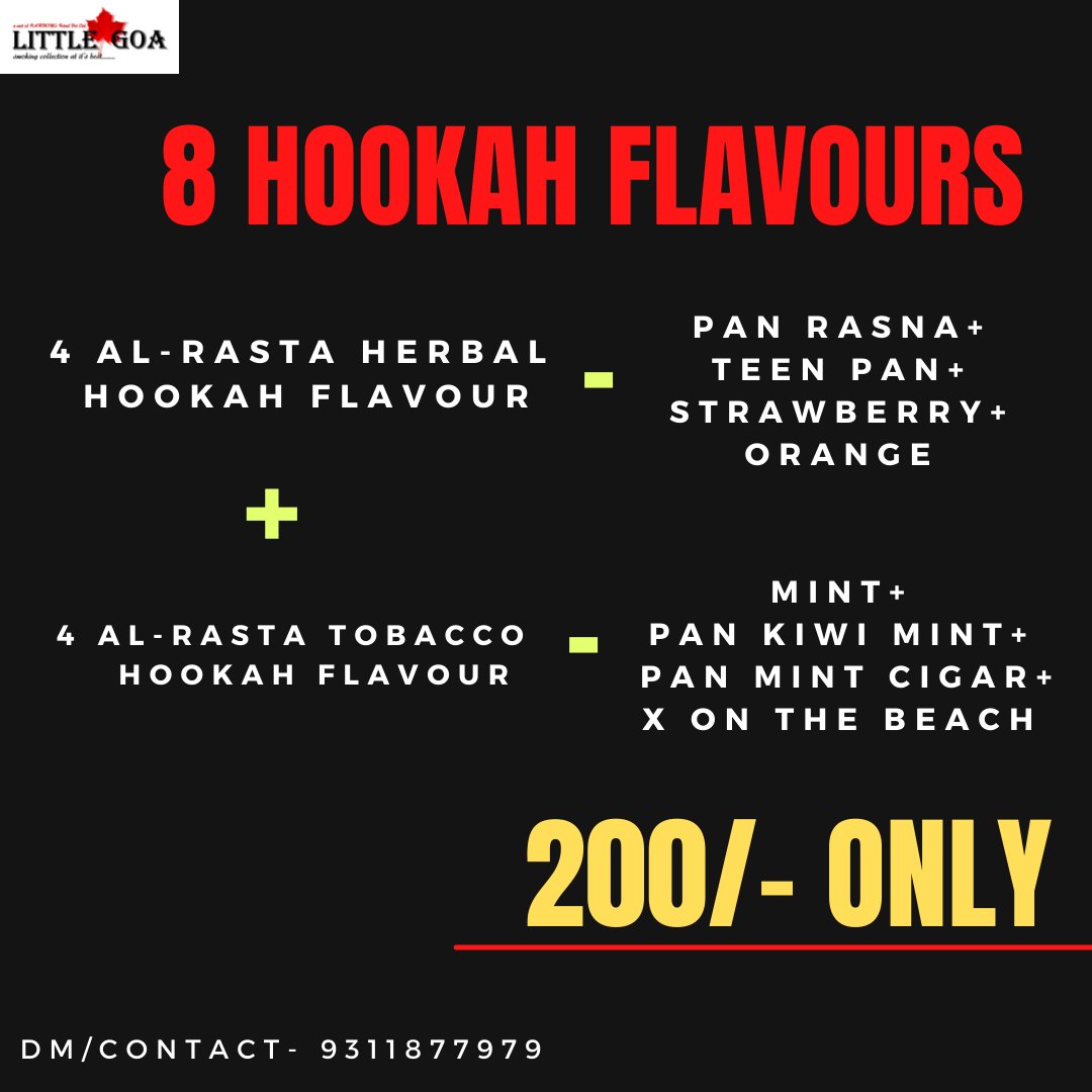 Littlegoa_'s tweet photo. One of the best offer for hookah lovers, 8 hookah flavours in just 200/- rupees.
"Book your order now"
DM or Contact- 9311877979
https://t.co/a5nv9BAMG8

#hookah #hookahflavour #alrasta #COMBO #harbal #tobacco #hookahsmoking #smokinglover #smoker #lovesmoking #smoke  #littlegoa https://t.co/QY3B2iZwVJ