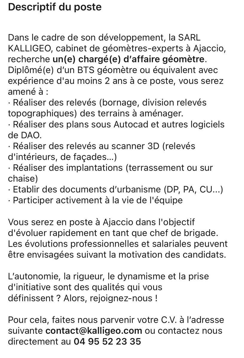 KALLIGEO20's tweet photo. #recrutement #job #jobopportunity #offredemploi #geometre #geometreexpert #corse #ajaccio @OGE_geometres @PoleEmploiCorse @c0mmuniti @emploiAjaccio @EmploiCorse @Corse_JobEmploi https://t.co/zcvHXZIIZE