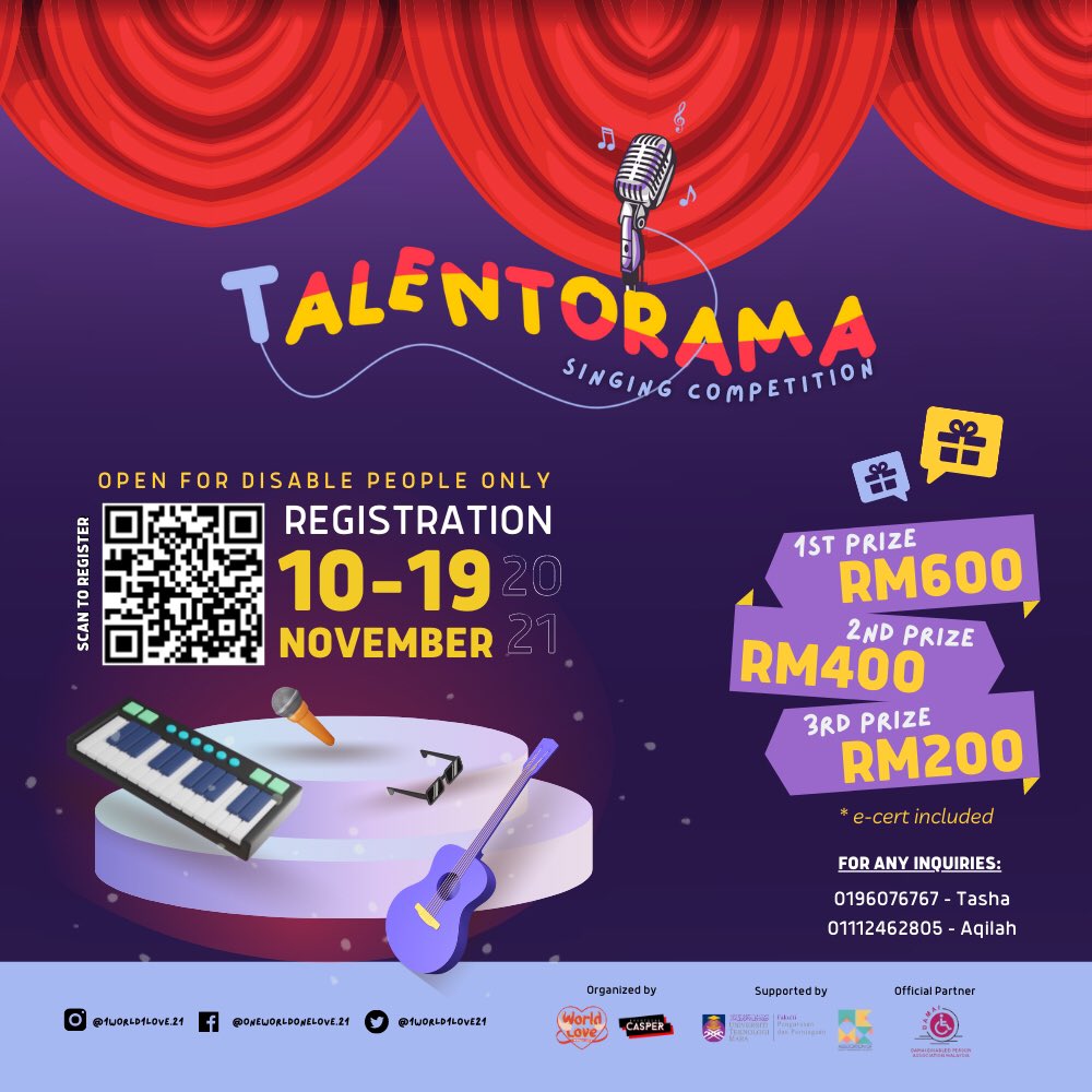 1world1love21's tweet photo. 1 WORLD 1 LOVE CAMPAIGN❤️
BY CASPER EVM

Brought to you the TALENTORAMA Singing Competition are open for all disable people to let them shine and show their talent while have a chance to win interesting prizes!

OPEN FOR DISABLED PEOPLE ONLY https://t.co/MQ9toLN0wo