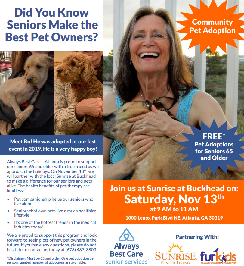 AtlantaABC's tweet photo. TODAY! FREE Pet Adoptions at Sunrise at Buckhead for all seniors age 65+! 9AM - 11AM
#Atlanta #PetAdoption #FreeEvent #Dog #Cat #Kitten #SeniorCitizen #AlwaysBestCare #Petsmart #Elderly #Companion #AdoptNotShop #FreeAdoptions #Puppy #Aging #SeniorCare https://t.co/De9gpjUSa9