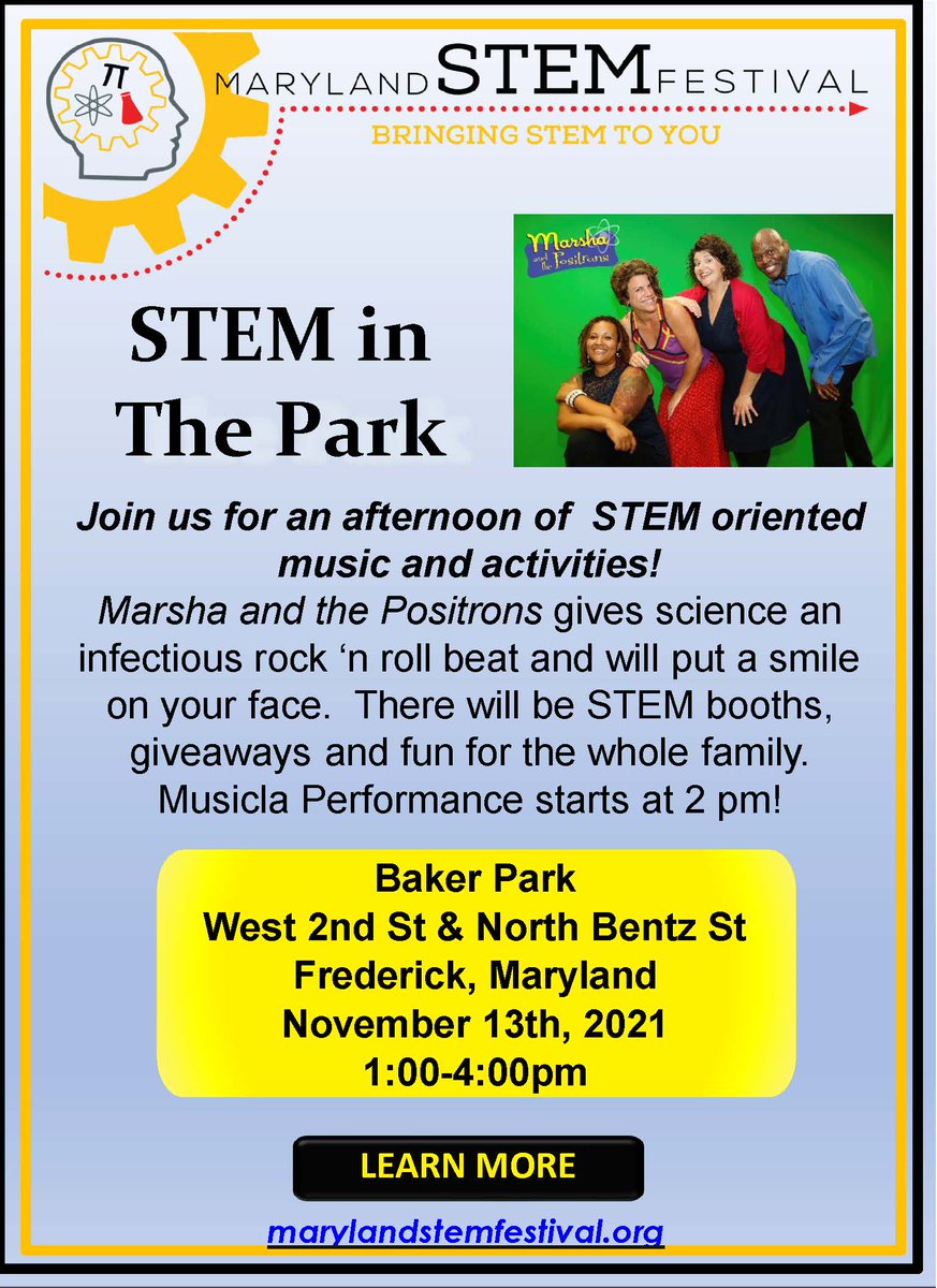 mdstemfest's tweet photo. Join us for an afternoon of music, activites, STEM and fun at the Bandsheel at Baker Park in Frederick featuring Marsha at the Positrons fro 1-4 pm. https://t.co/5XULXx4Pry https://t.co/f56TZTh5qj