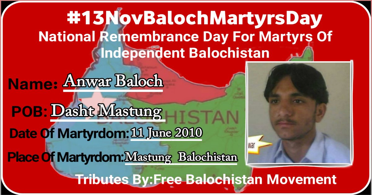 martyrsbaloch2's tweet photo. https://t.co/XPNgWTvDvC

#13NovBalochMartyrsDay 
Name: Martyr Anwar Baloch

Place of birth: Dasht Mastung Balochistan

Place of Martyrdom:Mastung  Balochistan

Date of Martyrdom:
11June 2010
#Tributesby 
#FreeBalkchistanMovement
#FBM https://t.co/wznT6vOTU1