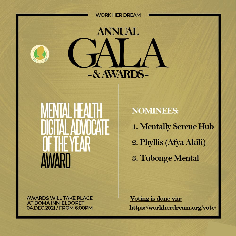 Fam☺️, <a href="/afyakili/">Afyakili</a> has been nominated for the Annual Gala Awards 2021🏆,by <a href="/WorkHerDream/">Work Her Dream Organization</a> in the "Mental Health Digital Advocate of the Year Award" category as "Phyllis - Afya Akili".

Your VOTE will help us bring this Award home☺️ ~ use link👇🏾 
bit.ly/3FgQaC3

Thread...