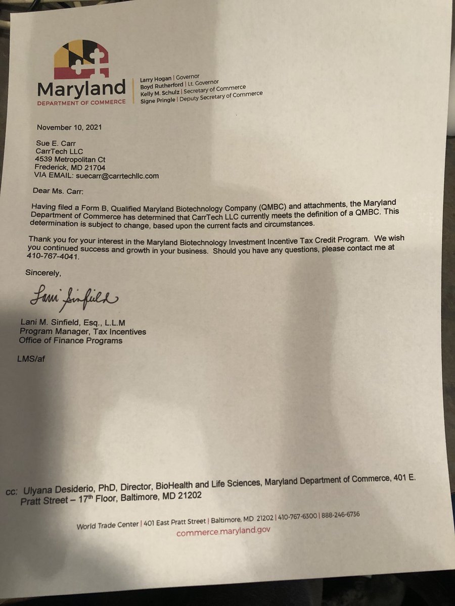 carrtechllc's tweet photo. It was an grueling and intense process but I am please to announce that CarrTech has qualified as a QMBC, (a Qualified Maryland Biotechnology Company) for the BIITC (Biotech investment incentive tax credit.) This program supports qualified seed investors with a tax credit of 33% https://t.co/dfBQi1xiYv