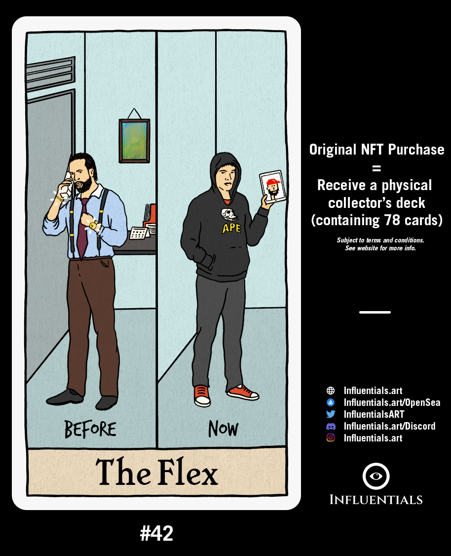 InfluentialsART's tweet photo. 📣New Card📣

🎴#42 - The Flex

🏷️Price: 0.15 ETH (valid for 1 month)

🔥Original purchase / First buyer = free physical tarot deck (78 cards)

🔗https://t.co/IggAwS8ECb

#Influentials #Cryptomemes #nftcollector #NFTs #NFT  #openseanfts #GordonGekko #Wallstreet #nftmemes #BTC https://t.co/07g5WCkONF