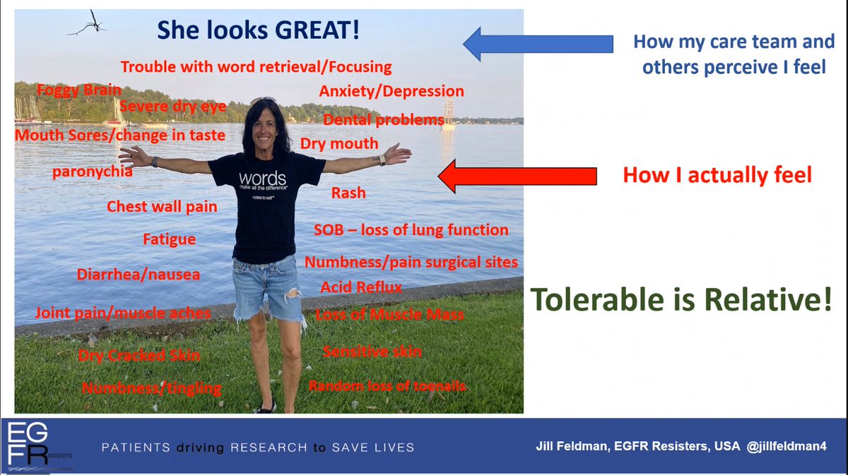For context, I made this slide for a talk I gave on PROs - patients r the only reliable source of data on QOL, severity of sympt/AEs &amp; impact on daily life. Grade 1 can impact, esp when persistent &amp; managing them is a $$ tox! Tolerable is @ being able to function, to LIVE. #LCSM