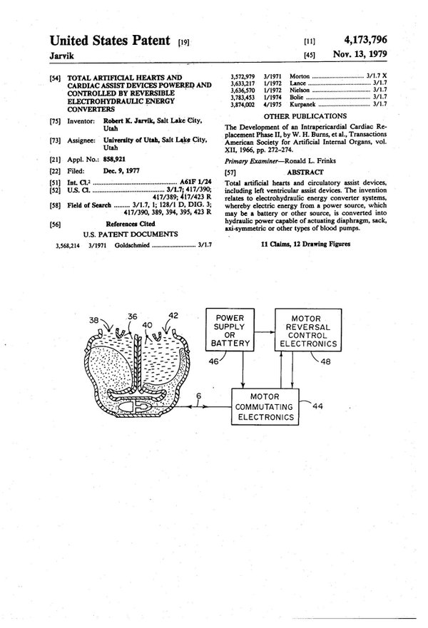 AdamMossoff's tweet photo. On this date in #innovation history: Robert Jarvik receives a #patent in 1979 for his #invention of the first successful artificial heart, saving lives of people suffering heart failure #PatentsMatter #biotech #TechTransfer @IAmBiotech @AUTM @UUtah @SynCardia https://t.co/ahSnRHhE2r