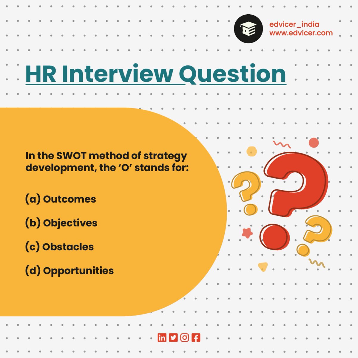 Comment below your answers for a shoutout on our Instagram stories!

Follow @EdvicerCourses for more!

.
.
.

#hr #humanresources #hrinterview #interviewquestions #swot #swotanalysis #interview #interviewtips #interviewquestions