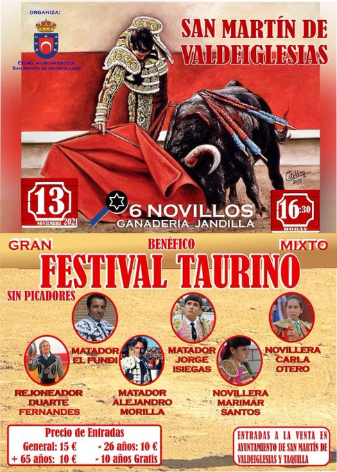 San Martín de Valdeiglesias hoy Festival con toros de Jandilla para el rejoneador <a href="/DuarteFernands/">Duarte Fernandes</a> y a pie José Pedro Padros "El Fundi", Alejandro <a href="/MorillaPrensa/">Alejandro Morilla INFO.</a>, Jorge <a href="/jisiegas/">Jorge Isiegas</a> y las novilleras <a href="/MariaDMarSantos/">Maria Del Mar Santos</a> y <a href="/CarlaMtezOtero/">Carla Otero</a> <a href="/portaltaurino/">Portal Taurino</a>