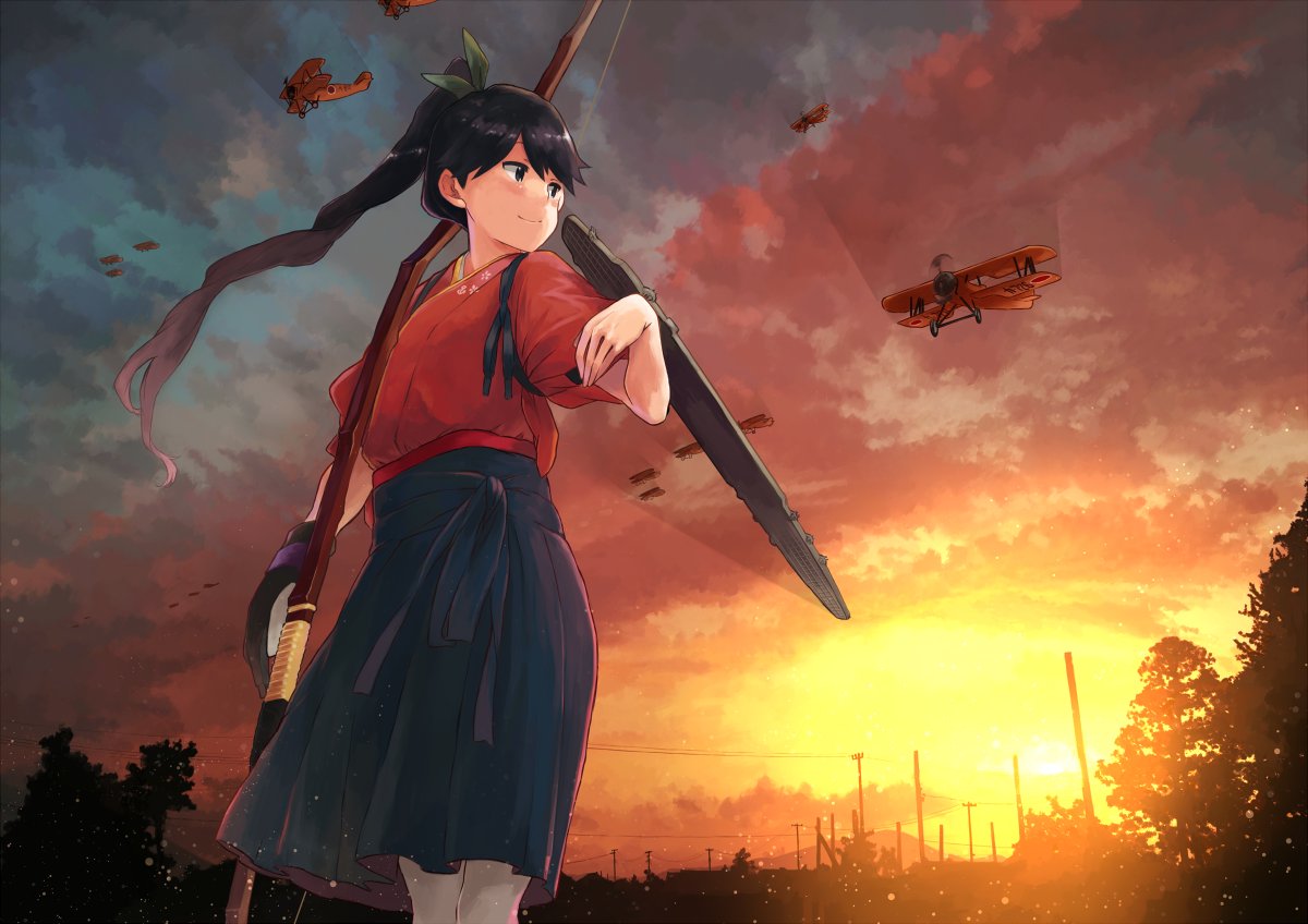 houshou (kancolle) 1girl japanese clothes ponytail solo weapon skirt long hair  illustration images