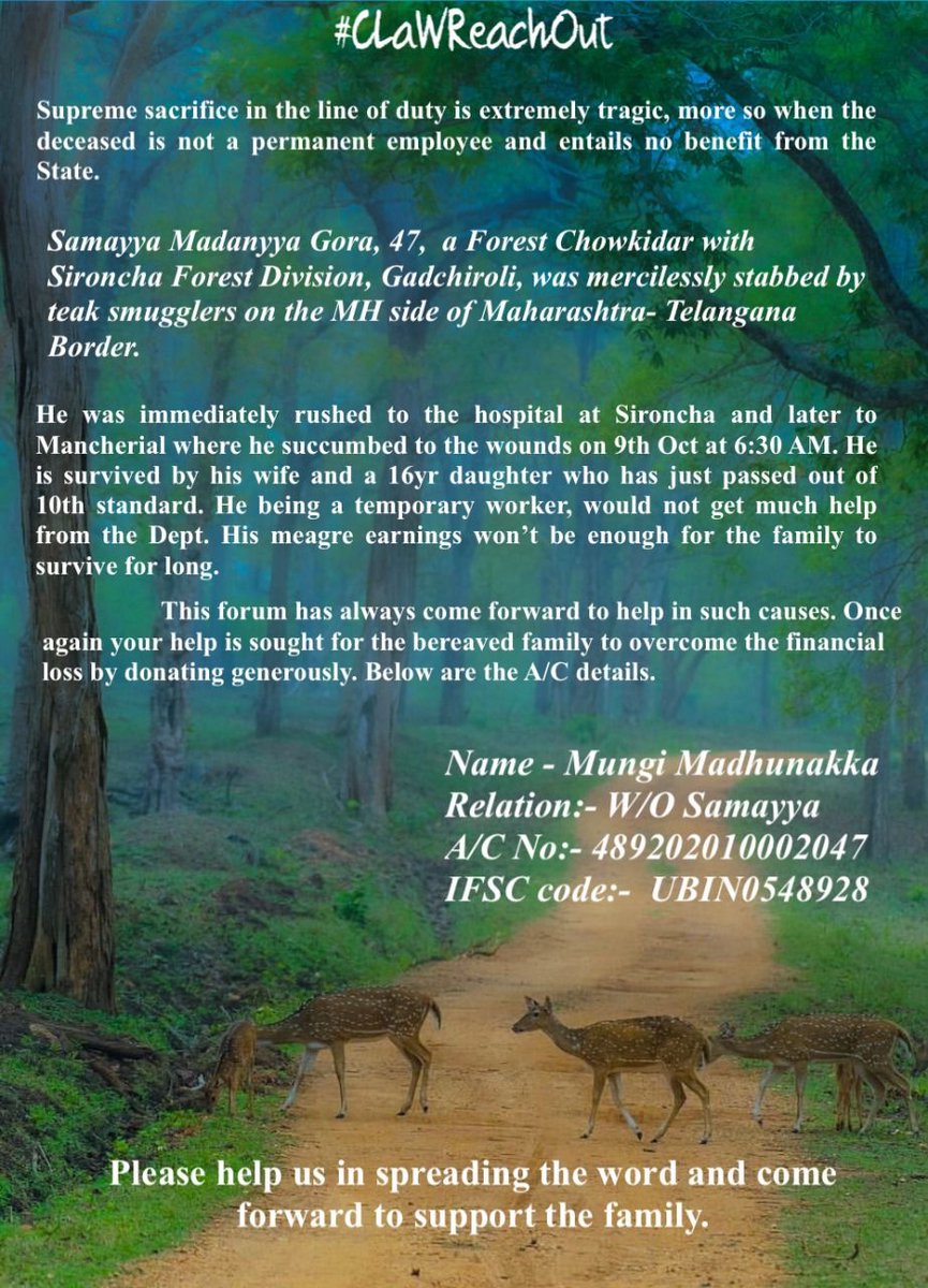 saroshlodhi's tweet photo. A Forest Chowkidar laid down his life in the line of duty. Since he was not an on-roll employee, he entails no benefit from the state.
Humbly urge people to come forward and donate directly into to accounts of the wife of the victim, a/c details in banner. https://t.co/Y4Er3uDw2w