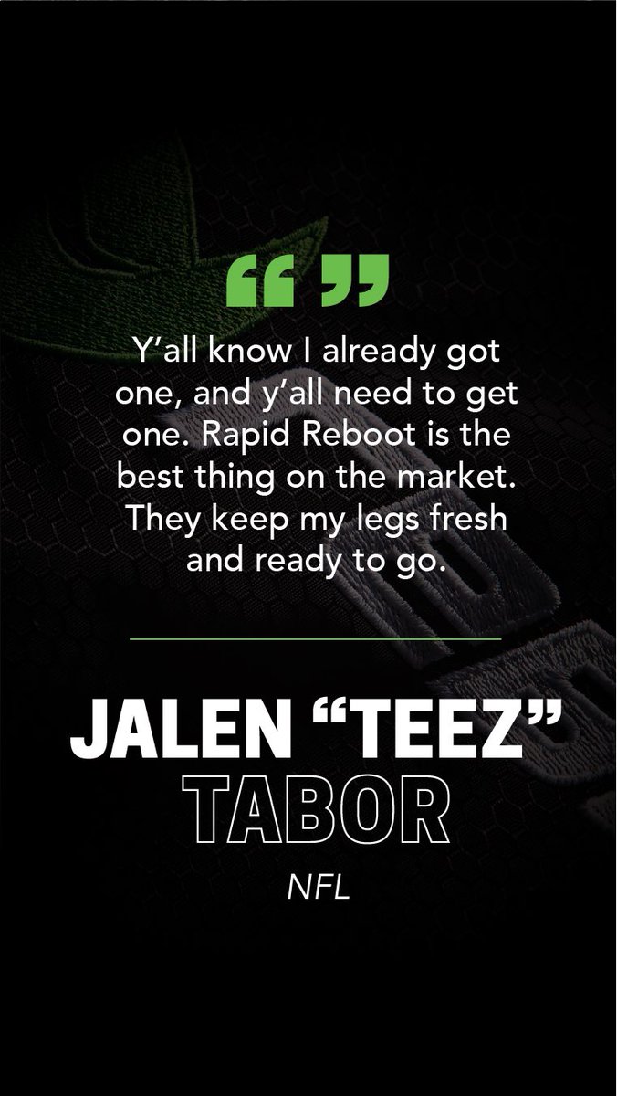 rapidreboot's tweet photo. “Y’all know I already got one, and y’all need to get one. Rapid Reboot is the best thing on the market. They keep my legs fresh and ready to go.” — Jalen “Teez” Tabor
#rapidreboot #trainrebootrepeat #nfl https://t.co/v7te3jyOJ5