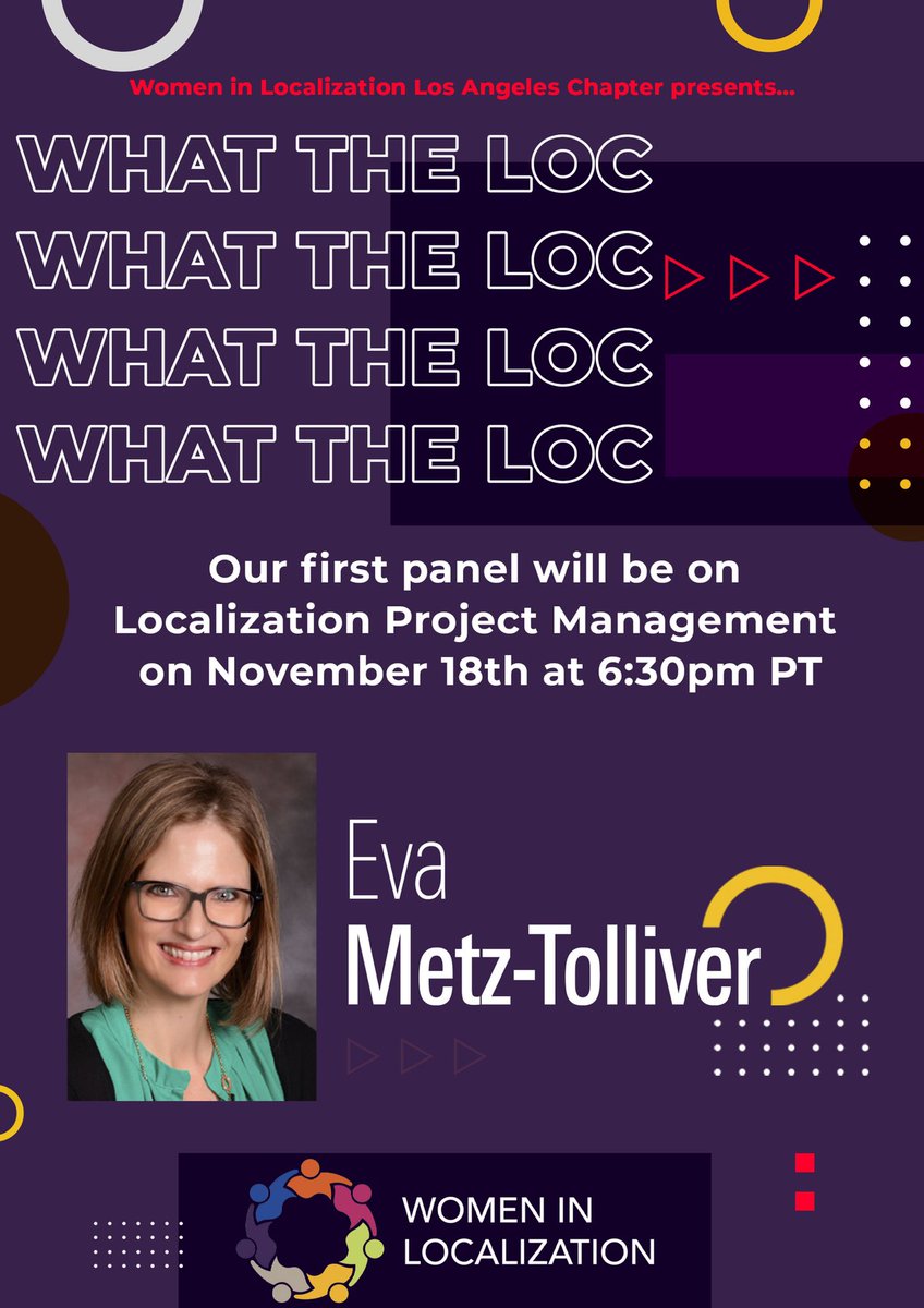 Less than a week left to the first episode of our WHAT THE LOC? series! 🎉 Meet our second speaker, <a href="/EvaMetzTolliver/">Eva Metz-Tolliver</a>! Register here: Link to register to the event: eventbrite.com/e/wlla-what-th…
#wlla #womeinl10n #projectmanagement