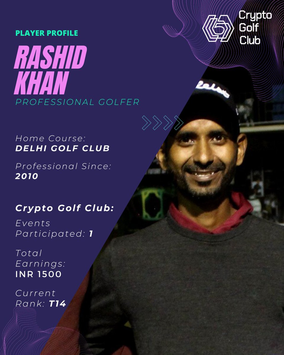 cryptogolfclub's tweet photo. Rashid Khan, one of the pro golfers who showed impressive putting skills in our tournament. He's been in this game since 2010. Excited to see more of him ✌😃⛳

Card Designed by @another_fanatic 

#golf #eth #cryptocurrency https://t.co/7lNuz2FFx5