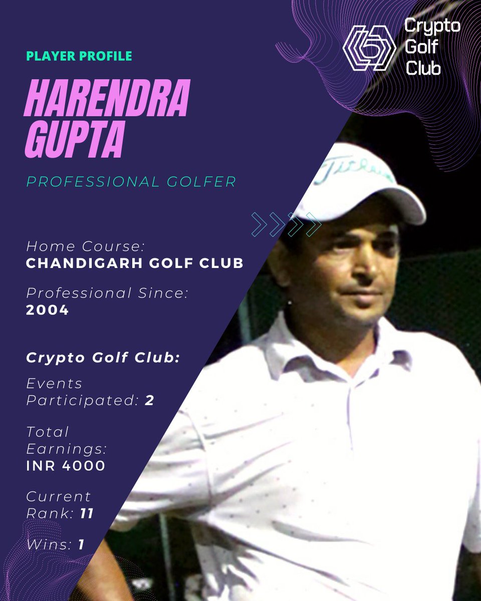 cryptogolfclub's tweet photo. Here we have CGC player profile of Harender Gupta. With impressive putting skills he has 1 win with us and he's been a professional golfer since 2004.✌😃⛳

Designed by @another_fanatic 

#golf #eth #cryptocurrency https://t.co/qzDJC00Kkx