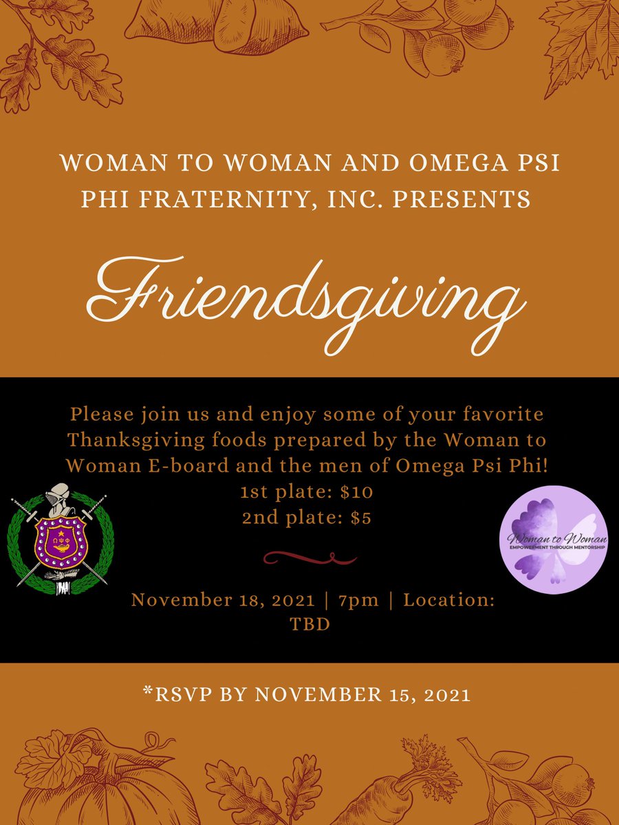 Good afternoon everyone!! There has been an update with our Friendsgiving RSVP deadline- you now have until Monday (11/15) to RSVP via docs.google.com/forms/d/e/1FAI…. You MUST RSVP in order to secure a plate on Thursday. We hope to see everyone there 🤍