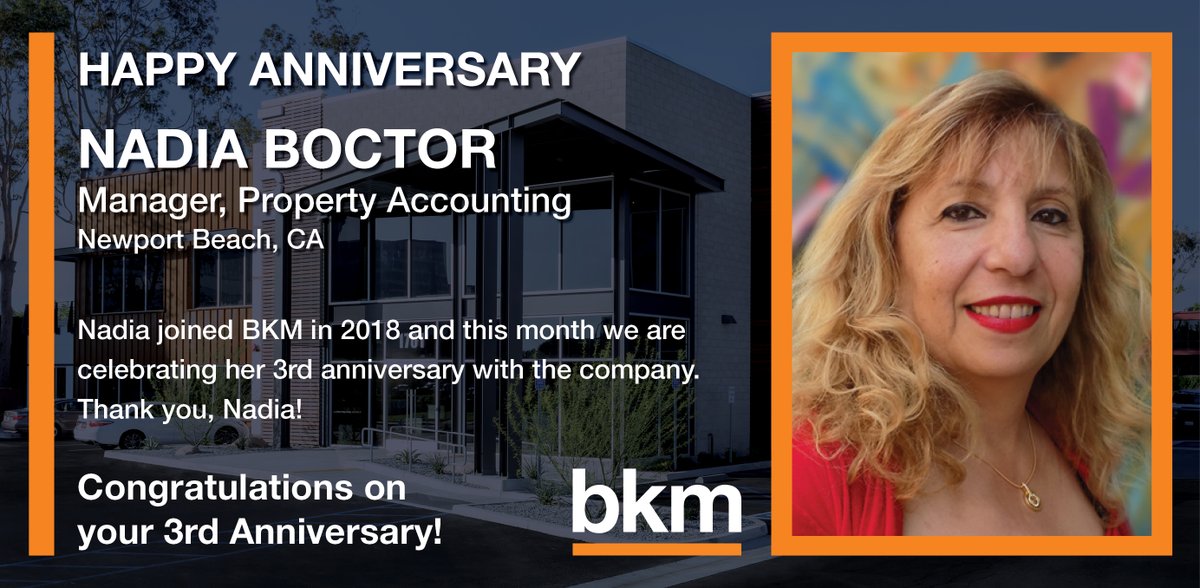 bkm_management's tweet photo. Join us in congratulating Nadia Boctor on her 3rd anniversary with the company. Thank you, Nadia!

#BKMCP #BKMMGMT #TeamBKM #CompanyCulture #Milestone #Anniversary https://t.co/Fg9xLthaNM