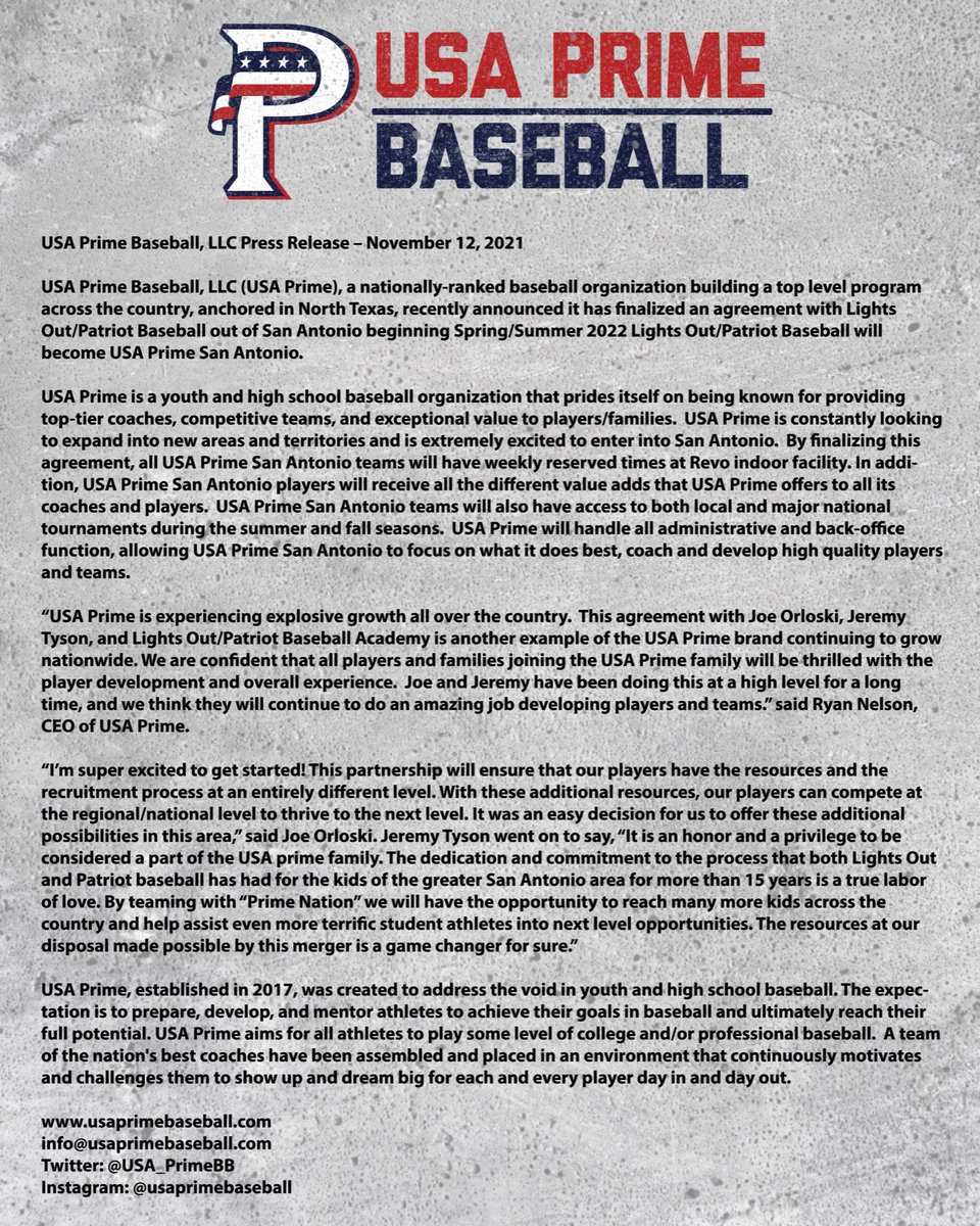 Welcome to the USA Prime Family! <a href="/LightsOutBaseb1/">USA Prime San Antonio</a>