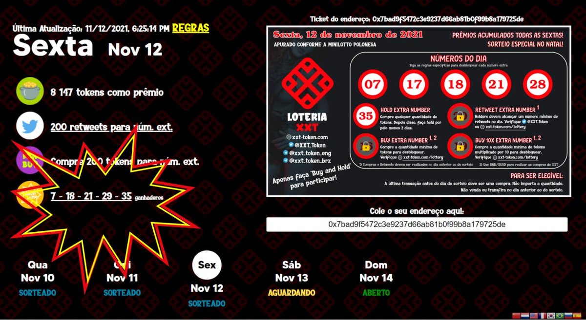 XXT_Token's tweet photo. We have 1 winner in the draw on 11/12/2021
Drawn numbers 7 - 18 - 21 - 29 - 35
See your e-ticket now at https://t.co/D1rCXNryYV

#xxt #bitcamxxt #shibainu #bitcoin #BTC #binance #crypto #nft #cryptocurrency #coinmarketcap #coingecko #pancakeswap #trustwallet #metamaskwallet https://t.co/JUTd8nOafc