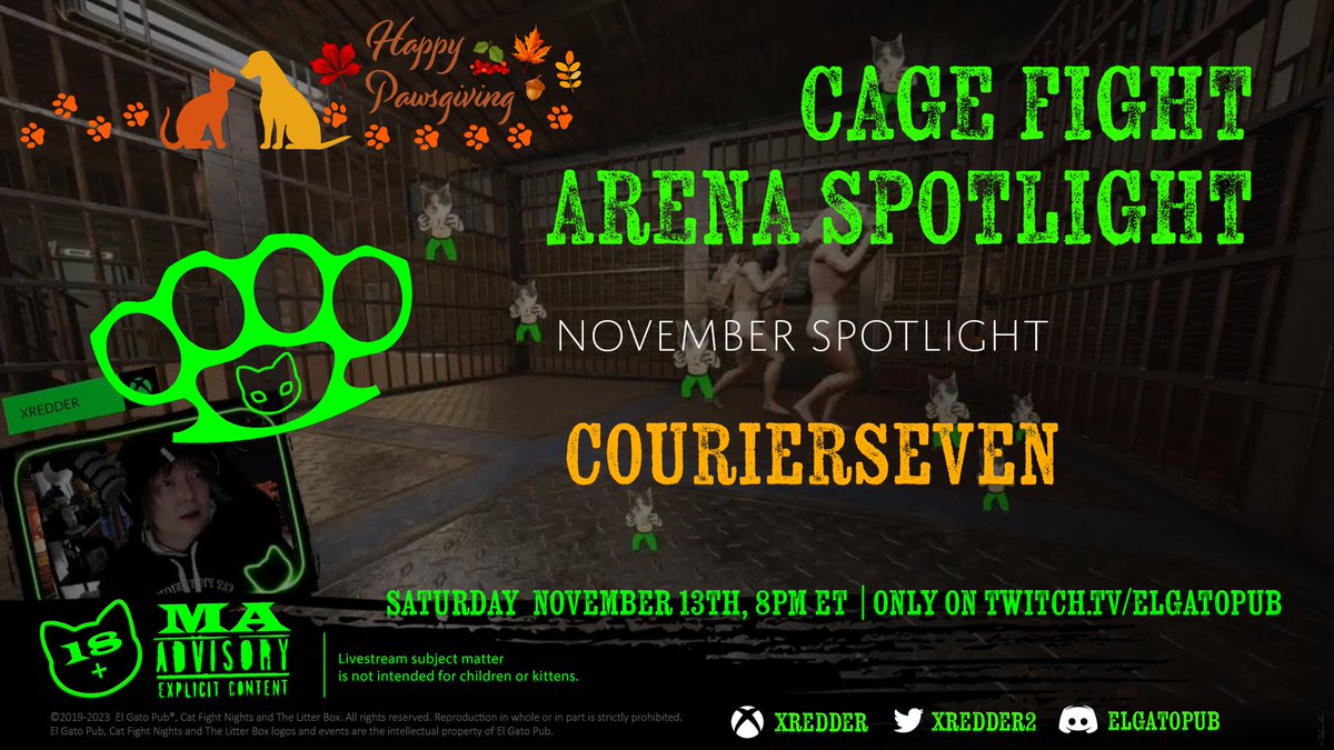 Gato_Pub's tweet image. As part of #Pawsgiving - Tonight we're treated to our last Cage Fight Arena Spotlight of the year - @CourierSev3n !!

Plus - join us as we continue our charity drive for @PawsYourGame 

Should be purrrrfect!!!

8PM ET - twitch.tv/elgatopub
#Fallout76 #PawsYourGame