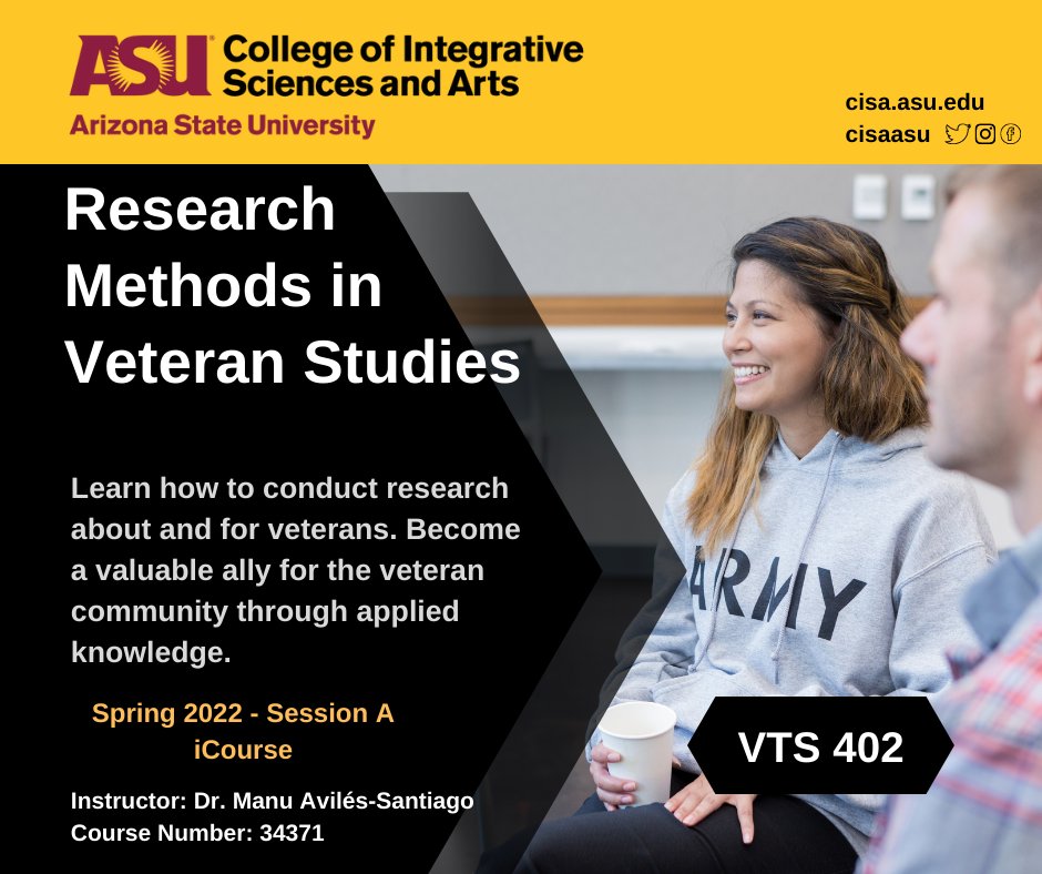 ovmae_asu's tweet photo. Want to serve the veteran community? This course will prepare you to conduct research about & for the betterment of our veteran community. This course is offered by @cisaasu #veterans #ASUVeterans #CISAASU #Spring22 #ASU #MilitaryStudies #veteranstudents #ASUvets https://t.co/K16mDFvffF