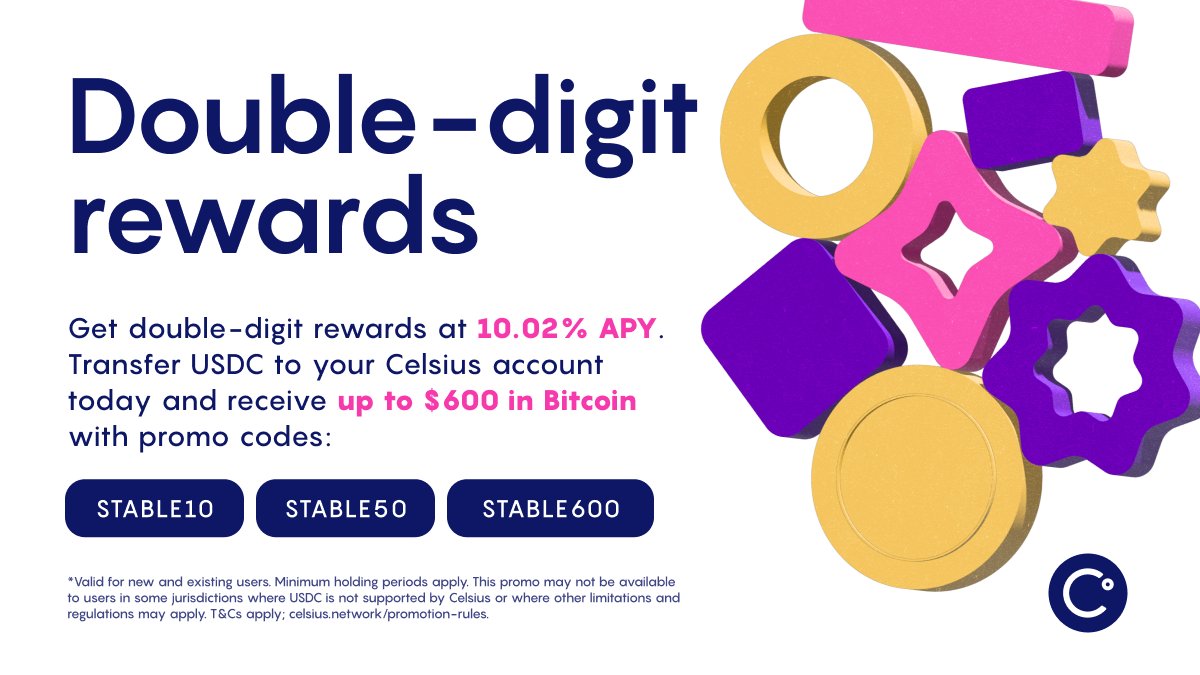 CelsiusNetwork's tweet photo. Celebrate the increased USDC rate by using our STABLE promo codes! Details below:

STABLE10 🪙 Transfer $50 in USDC, get $10 in BTC 
STABLE50 🪙 Transfer $200 in USDC get $50 in BTC
STABLE600 🪙 Transfer $25K in USDC, get $600 in BTC
https://t.co/NVQ2bxSblX https://t.co/Wj0NuCSQWE