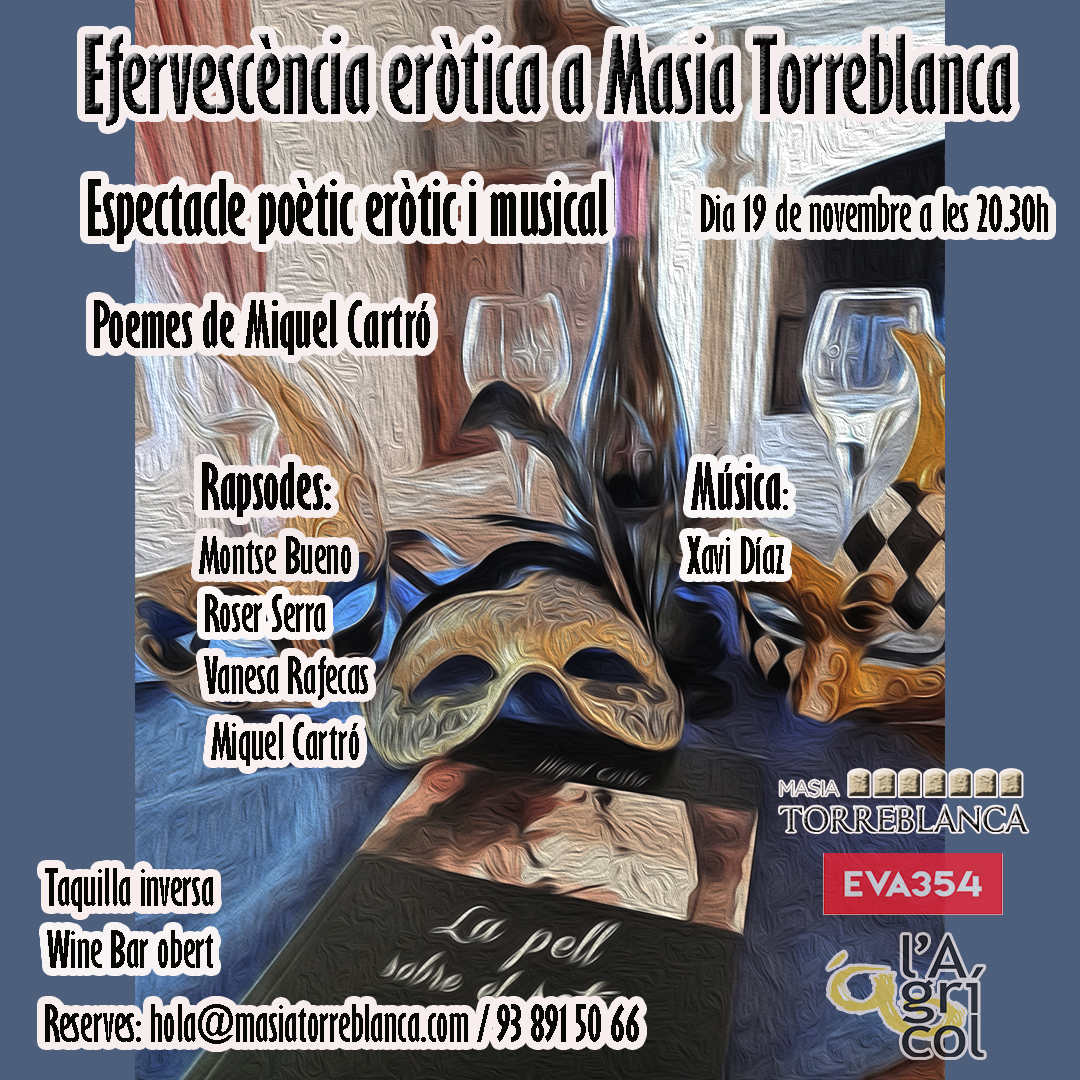 Gustaterra's tweet photo. Divendres 19 de novembre a les 20.30h us esperem als #raconsdecultura a @cavatorreblanca. Aquest cop recital de #poesia #poesiaerotica amb els versos de @miquelcartro 
#taquillainversa i #winbar obert.
Reserves: hola@masiatorreblanca.com / 93 891 50 66
@roserserramedin https://t.co/NFstzJK4zI