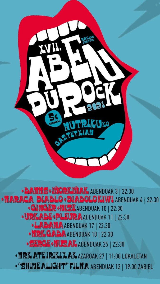 AnbenduR's tweet photo. 🔥AbenduRock 2021🔥
Aurreko urtian aulkixen arteko distantziak neurtzen ibili eta gero aurten inoiz baño gogo gehixokin gatoz bueltan!! 
🎸11 musika talde 
💃MRK gaba
🚪Ate irikixak
🎬Dokumental emanaldixa https://t.co/oW8KxGLuSn