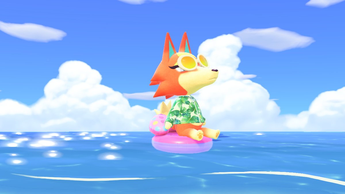 Corgi_Floof's tweet photo. OMGGGG holy shit!! Villagers can go in the water on the Archipelago?! O.o Audie looks sooo cute!! Had to get pics w/the new handheld camera mode!!! #AnimalCrossing #ACNH #NintendoSwitch #beachlife https://t.co/5dIL04pyxx