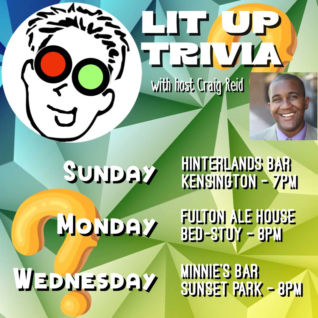 A new week of @LitUpTrivia action is here, and @GameShowCraig will host three games. So pair your #bartrivia with:

- a chill neighborhood vibe at @HinterlandsBar SUNDAY at 7pm
- #MNF on @ESPNNFL at @FultonAleHouse MONDAY at 8pm
- outdoor vibes at #minniesbarbk WEDNESDAY at 8pm